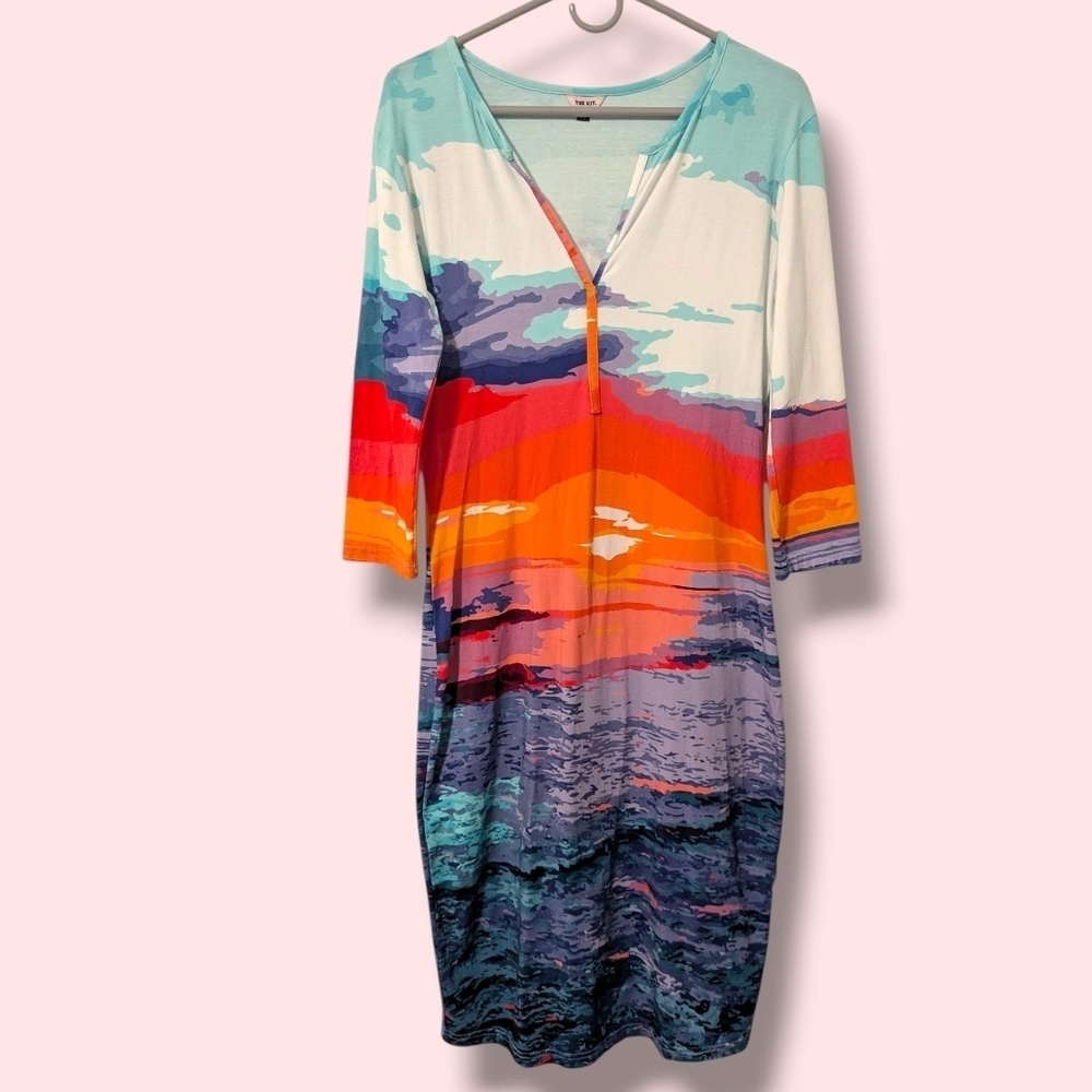 The Kit Multicolor Sunset Abstract Printed Bamboo Cotton Gisella Midi Dress M